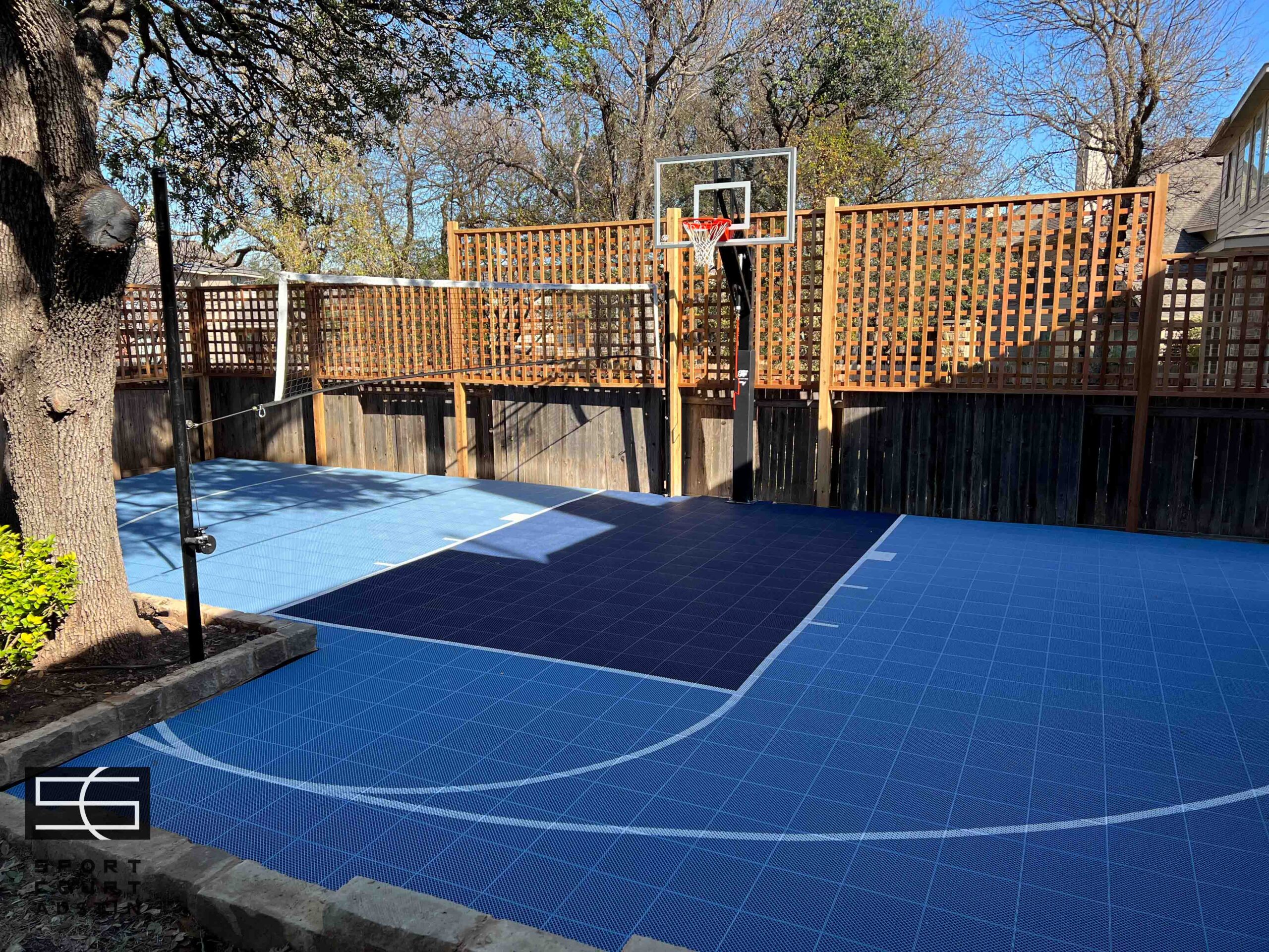 basketball, dark blue, half court, net adjusment, outdoor, residential, retaining wall, steel blue, tile, volleyballBasketball_HalfCourt_TennisBlue+DarkBlue_Tile_